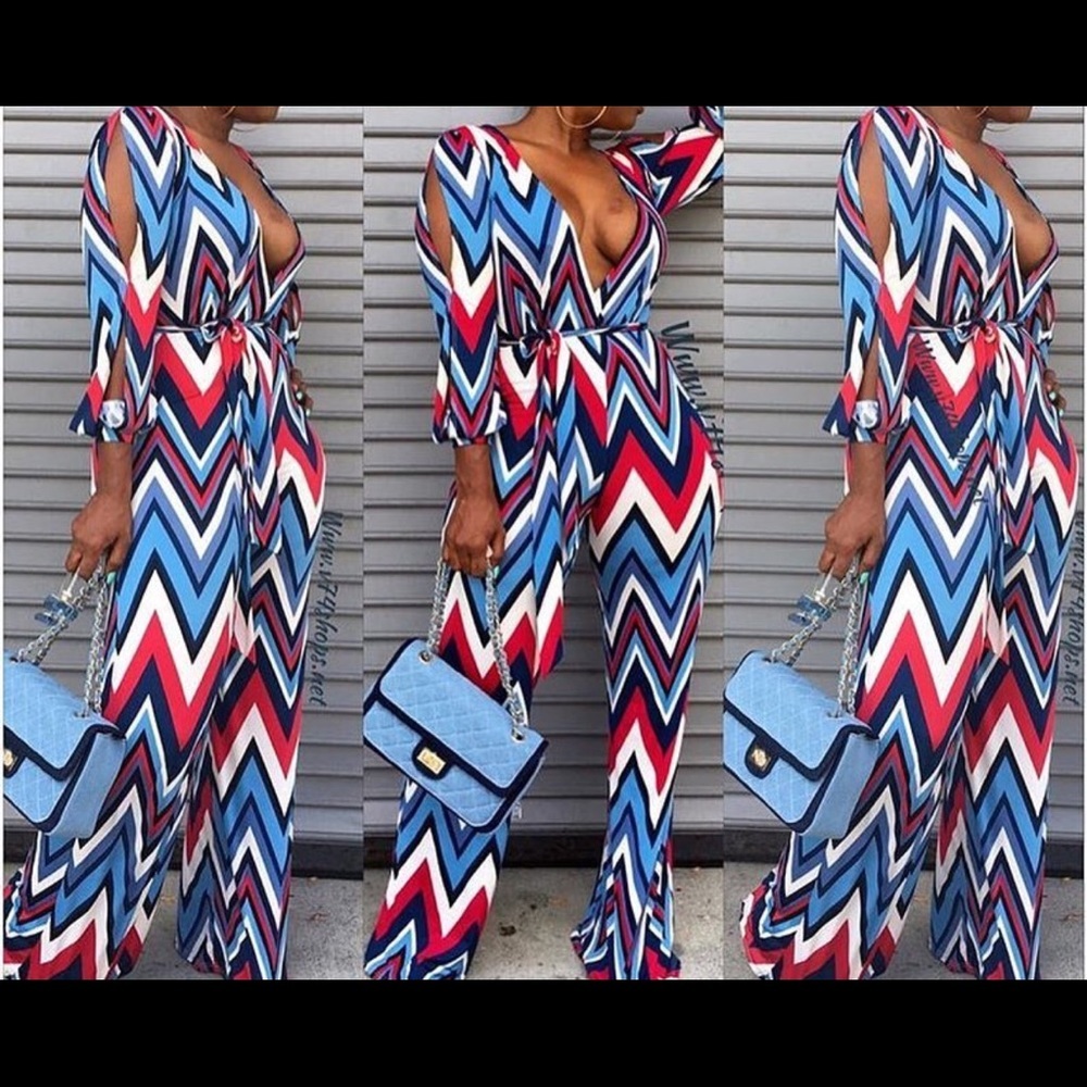New Chevron Print Open Sleeve Wide Leg Jumpsuit